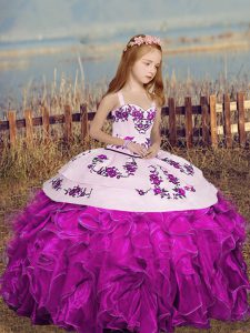 Superior Fuchsia Sleeveless Floor Length Embroidery and Ruffles Lace Up Pageant Dress for Teens