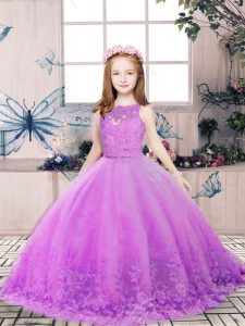 Lace and Appliques Kids Pageant Dress Lilac Backless Sleeveless Floor Length