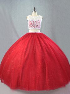 Scoop Sleeveless 15 Quinceanera Dress Floor Length Beading and Appliques Red Tulle