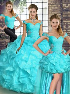 Admirable Off The Shoulder Sleeveless Lace Up Quinceanera Dresses Aqua Blue Organza