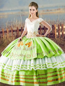 Lace Up V-neck Embroidery and Ruffled Layers Quinceanera Gown Satin Sleeveless
