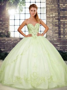 Yellow Green Sleeveless Floor Length Beading and Embroidery Lace Up Quinceanera Gown