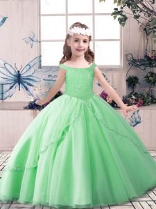 Most Popular Off The Shoulder Sleeveless Tulle Little Girls Pageant Gowns Beading Lace Up