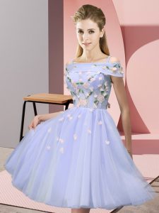 Admirable Lavender Quinceanera Court of Honor Dress Wedding Party with Appliques Off The Shoulder Short Sleeves Lace Up
