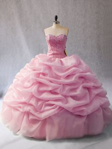 Sleeveless Floor Length Beading and Pick Ups Lace Up Sweet 16 Quinceanera Dress with Pink