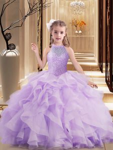 Latest Lavender Ball Gowns High-neck Sleeveless Tulle Floor Length Lace Up Beading and Ruffles Winning Pageant Gowns