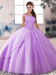 Gorgeous Off The Shoulder Sleeveless Tulle Sweet 16 Quinceanera Dress Beading Brush Train Lace Up