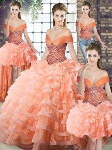 Lovely Ball Gowns Sleeveless Peach Quinceanera Dresses Brush Train Lace Up