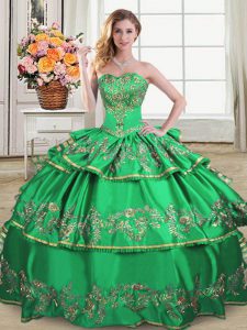 Exceptional Sleeveless Floor Length Embroidery and Ruffled Layers Lace Up Vestidos de Quinceanera with Green