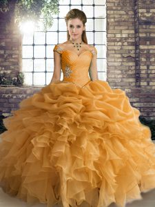 Cheap Orange Ball Gowns Beading and Ruffles and Pick Ups Ball Gown Prom Dress Lace Up Organza Sleeveless Floor Length