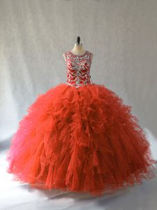 Admirable Scoop Sleeveless Quinceanera Gown Floor Length Beading and Ruffles Orange Red Tulle