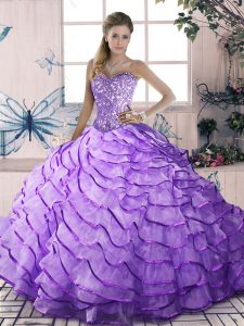 Attractive Lavender Lace Up Sweetheart Beading and Ruffled Layers Quinceanera Gowns Organza Sleeveless