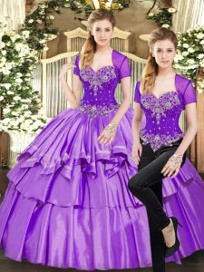 Elegant Lavender Two Pieces Organza and Taffeta Sweetheart Sleeveless Beading and Ruffled Layers Floor Length Lace Up Sweet 16 Dress