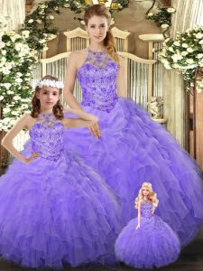 Low Price Ball Gowns Quinceanera Dress Lavender Halter Top Tulle Sleeveless Floor Length Lace Up