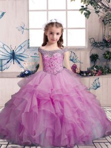 Custom Fit Lilac Pageant Gowns Party and Sweet 16 and Wedding Party with Beading and Ruffles Off The Shoulder Sleeveless Lace Up