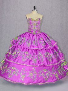Stunning Floor Length Lace Up 15th Birthday Dress Lilac for Sweet 16 and Quinceanera with Embroidery and Ruffled Layers