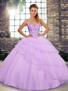 Classical Lilac Ball Gowns Beading and Ruffled Layers Quinceanera Dresses Lace Up Tulle Sleeveless