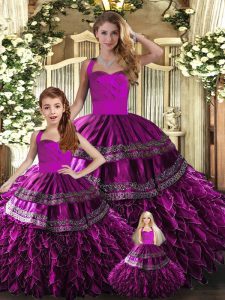 Fuchsia Organza Lace Up Vestidos de Quinceanera Sleeveless Floor Length Embroidery and Ruffles