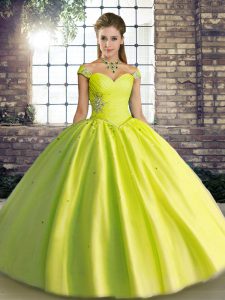 Yellow Green Tulle Lace Up 15th Birthday Dress Sleeveless Floor Length Beading