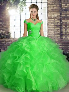 Green Ball Gowns Organza Off The Shoulder Sleeveless Beading and Ruffles Floor Length Lace Up Sweet 16 Dress