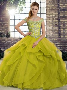 Free and Easy Brush Train Ball Gowns Quinceanera Dress Olive Green Off The Shoulder Tulle Sleeveless Lace Up