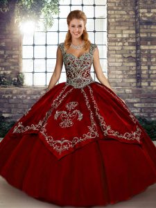 Glamorous Wine Red Ball Gowns Straps Sleeveless Tulle Floor Length Lace Up Beading and Embroidery Quinceanera Gown