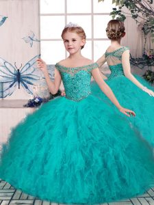 Graceful Teal Sleeveless Floor Length Beading Lace Up Little Girl Pageant Dress