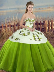 Fancy Olive Green Ball Gowns Tulle Sweetheart Sleeveless Embroidery and Bowknot Floor Length Lace Up Ball Gown Prom Dress
