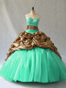 Fantastic Sleeveless Organza Brush Train Lace Up Ball Gown Prom Dress in Turquoise with Beading and Pick Ups