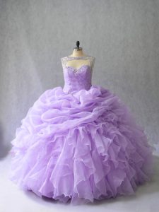 Lavender Lace Up 15th Birthday Dress Beading and Ruffles Sleeveless Brush Train