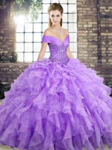 Lace Up Quinceanera Gowns Lavender for Military Ball and Sweet 16 and Quinceanera with Beading and Ruffles Brush Train