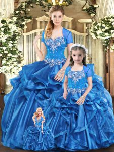 Floor Length Blue Quince Ball Gowns Sweetheart Sleeveless Lace Up