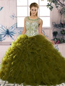 Sweet Olive Green Ball Gowns Organza Scoop Sleeveless Beading and Ruffles Floor Length Lace Up Sweet 16 Dresses