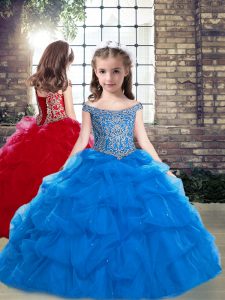 Spectacular Sleeveless Floor Length Beading Lace Up Girls Pageant Dresses with Blue