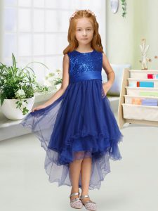 Deluxe Royal Blue Organza Zipper Pageant Dress for Girls Sleeveless High Low Sequins and Bowknot
