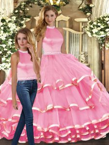 Pink Backless Halter Top Ruffled Layers Ball Gown Prom Dress Organza Sleeveless