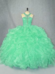 Apple Green Zipper Ball Gown Prom Dress Beading and Ruffles Sleeveless Floor Length