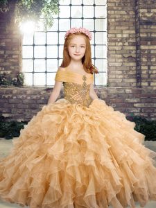 Perfect Peach Sleeveless Floor Length Beading and Ruffles Lace Up Little Girls Pageant Gowns