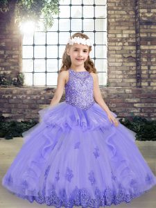 Edgy Scoop Sleeveless Little Girls Pageant Dress Floor Length Beading and Appliques Lavender Tulle