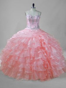 Pink Organza Lace Up Halter Top Sleeveless Floor Length Quinceanera Dresses Beading and Ruffled Layers