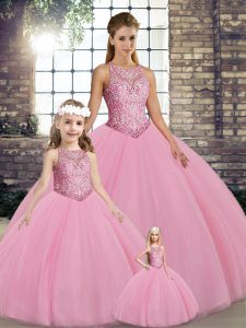 Modest Floor Length Ball Gowns Sleeveless Pink Sweet 16 Quinceanera Dress Lace Up