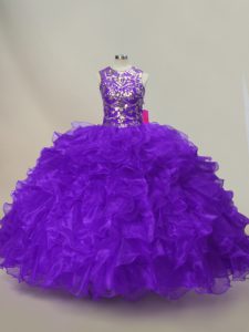 Popular Purple Organza Lace Up Quinceanera Gowns Sleeveless Floor Length Ruffles and Sequins