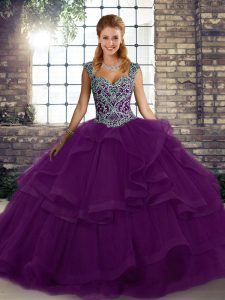 Artistic Purple Ball Gowns Beading and Ruffles Quinceanera Gowns Lace Up Tulle Sleeveless Floor Length