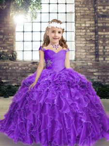 Sumptuous Floor Length Purple Little Girls Pageant Gowns Organza Sleeveless Beading and Ruffles
