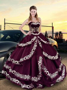 Sumptuous Sweetheart Sleeveless Satin 15th Birthday Dress Embroidery and Ruffled Layers Lace Up
