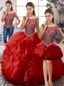 Smart Red Sleeveless Organza Lace Up Quince Ball Gowns for Sweet 16 and Quinceanera