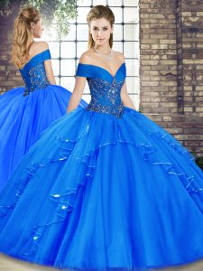 Edgy Royal Blue Off The Shoulder Neckline Beading and Ruffles Sweet 16 Quinceanera Dress Sleeveless Lace Up