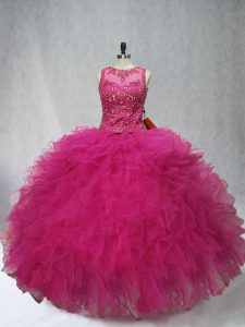 Scoop Sleeveless Tulle Vestidos de Quinceanera Beading and Ruffles Lace Up