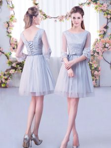 Chic Grey Lace Up Scoop Lace Quinceanera Dama Dress Tulle Half Sleeves