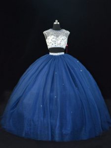 Navy Blue Two Pieces Beading 15th Birthday Dress Lace Up Tulle Sleeveless Floor Length